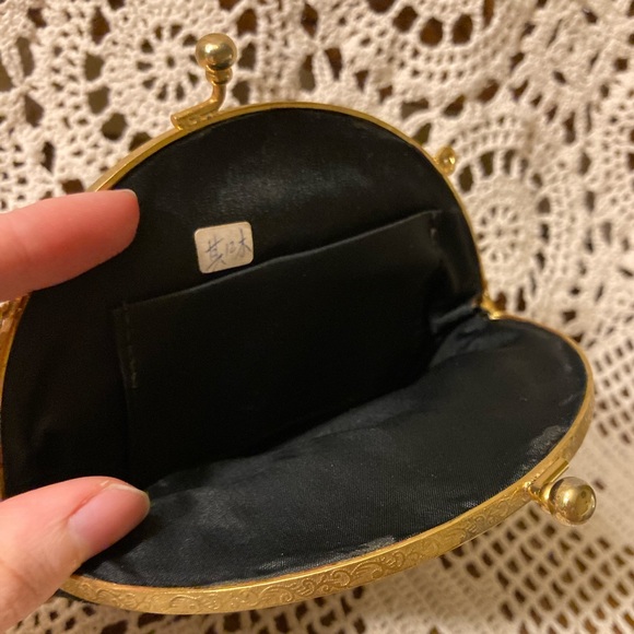 Vintage Circular Clutch Black Bag With Stitched Florals, Gold Accents - Picture 14 of 17